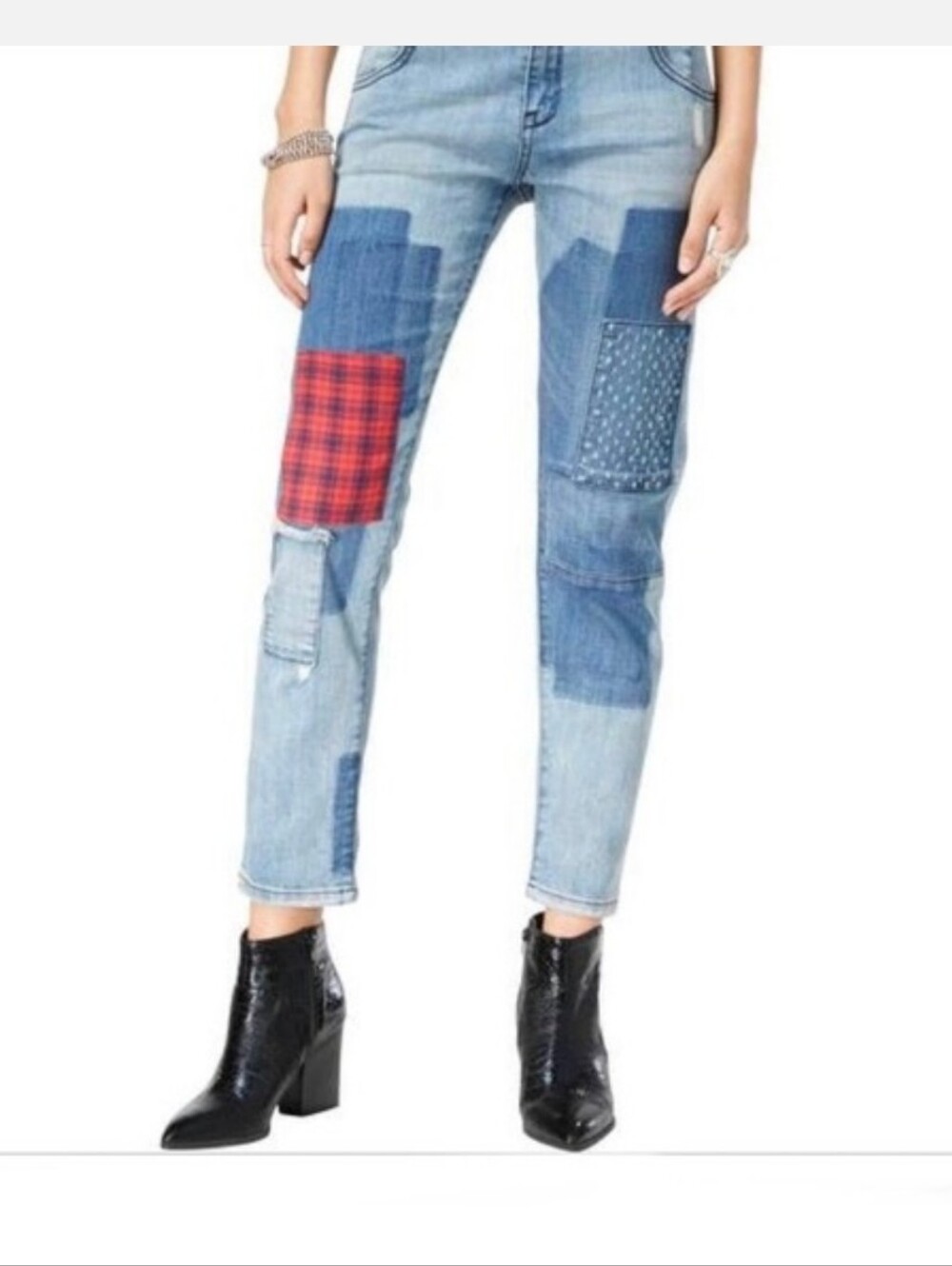 William Rast Patchwork Boyfriend Jeans in Light and Dark Blue with Red Plaid